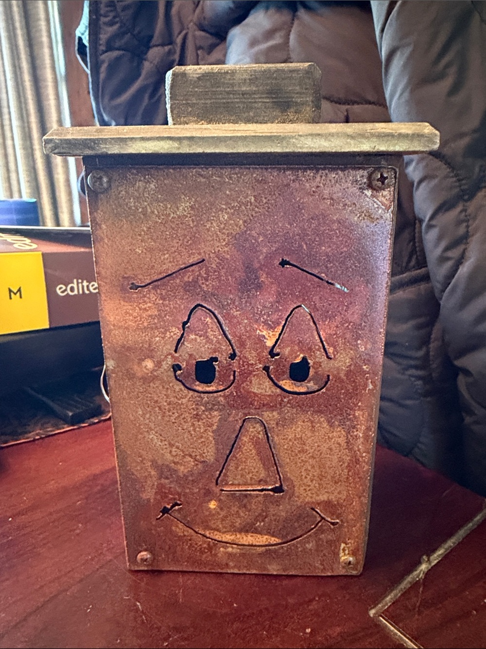 Rustic Smiling Tin Lantern - Brown Home Art Accent. Lights up has been in a bin